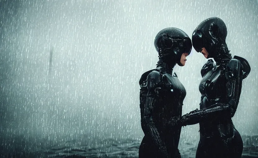 Prompt: cinestill 5 0 d candid photographic portrait by christopher nolan of two loving female androids wearing rugged black mesh techwear in treacherous waters, extreme closeup, modern cyberpunk moody emotional cinematic, pouring rain menacing alien ship lights, 8 k, hd, high resolution, 3 5 mm, f / 3 2, ultra realistic faces, ex machina