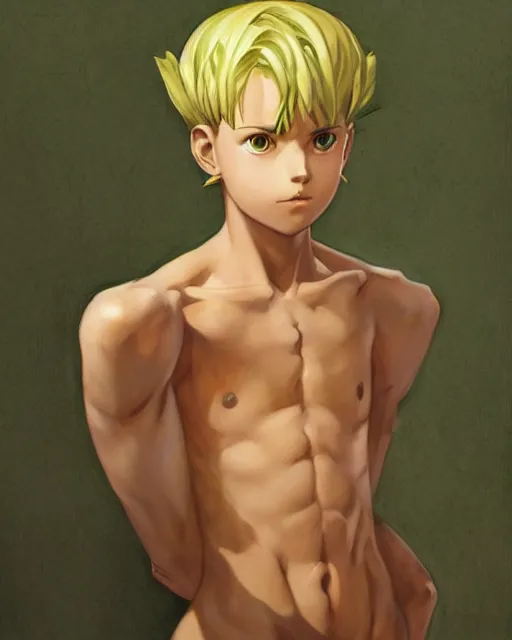 Prompt: Gon from Hunter x Hunter oil on canvas, artstation, by J. C. Leyendecker and Edmund Blair Leighton and Charlie Bowater, octane