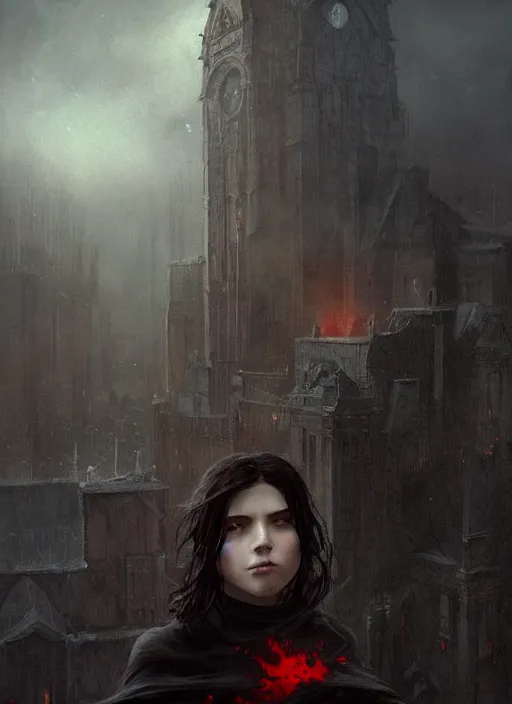 Prompt: a teenage girl with very short dark hair and a tattered grey cloak. she stands on top of a building in a gothic fantasy city. the sky has a red glow and ash is falling. beautiful painting by greg rutkowski