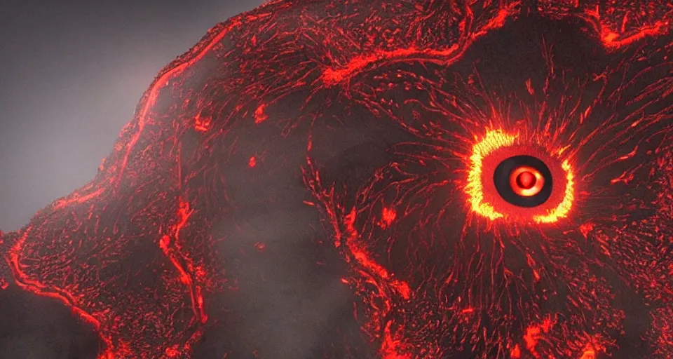 Image similar to a volcano made of ivory vines and crimson rocks enters in eruption, it spits a smoke in the shape of demonic eye, from Guild Wars