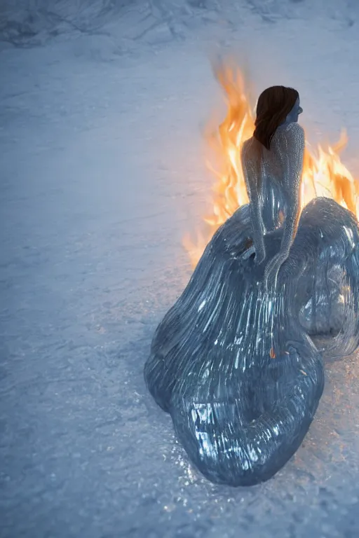 Image similar to a beautiful woman made out of crystal ice sitting by a campfire and slowly melting, by iris van herpen, unreal engine 5, volumetric lighting, path tracing, outdoor campfire pit