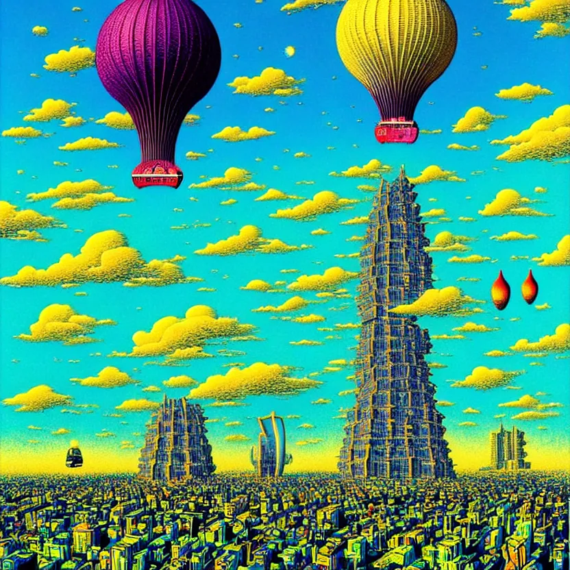 Image similar to surreal glimpse into other universe, mahanakorn tower with airship floating n the sky, summer morning, very coherent and colorful high contrast, art by!!!! rafal olbinski!!!!, geof darrow, floralpunk screen printing woodblock, dark shadows, hard lighting, stipple brush technique,