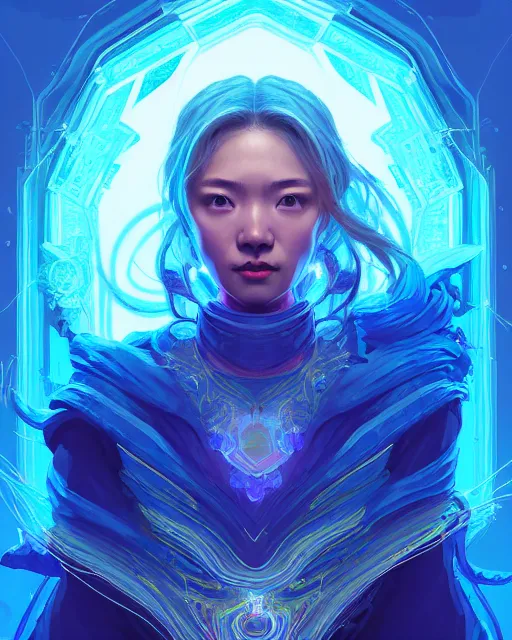 Image similar to perfectly - centered!! looking at the camera!!! full body portrait of the female blue mage, bright lighting, intricate abstract upper body intricate artwork, by tooth wu, wlop, beeple, dan mumford. concept art, hearthstone mastered art