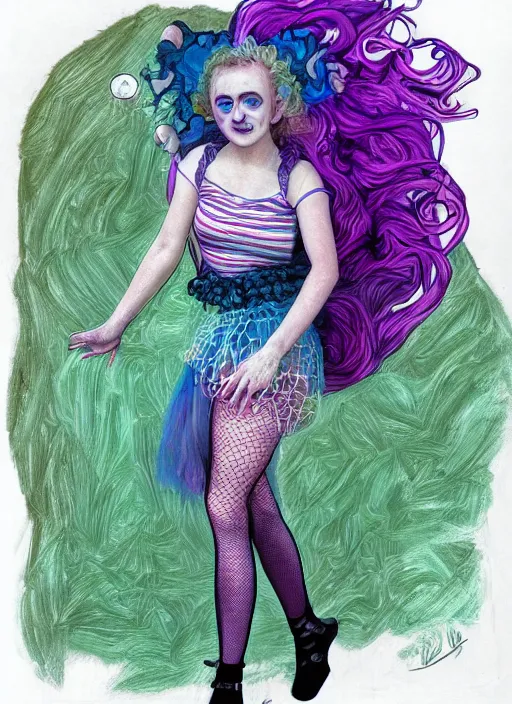 Prompt: surrealism psychedelic full body portrait sketch of evanna lynch as delirium of the endless in fishnet top and rainbow tutu skirt from the sandman, floating goldfish, green and blue eye heterochromia by alex ross, josh kirby, detailed, elegant, intricate