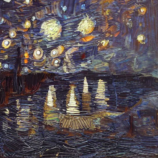 Image similar to a painting of a starry night over a martian cooling by vincent van gogh, featured on pixiv, futurism, sci - fi, post - impressionism, impressionism, painterly, detailed painting