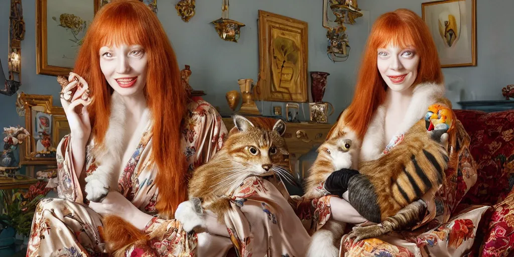 Prompt: a stunning hyper-detailed photorealistic painting of a slender beautiful smiling woman with long ginger hair and bangs, wearing a luxurious silk robe, wearing headphones and posing with her large ginger tabby cat and her raccoon and parrots in an overstuffed easy chair in her sunlit victorian living room, holding a porcelain parrot-shaped coffee mug and a donut, perfect eyes, fashion photography, cinematic lighting, octane render, IBEX Mastesr, unreal engine, 85 mm lens,