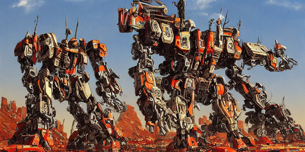 Prompt: Highly detailed painting of a large battle mech equipped with many chainsaws by moebius