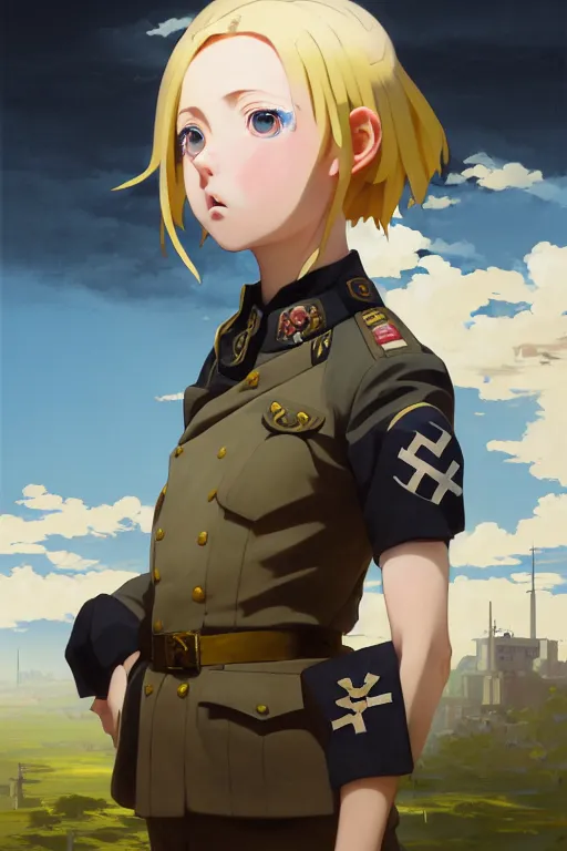 Image similar to baroque oil painting of key visual concept art, portrait of stern anime girl blonde hair blue eyes wearing military nazi ss uniform, brutalist, dark fantasy, rule of thirds golden ratio, fake detail, trending pixiv fanbox, acrylic palette knife, style of makoto shinkai studio ghibli genshin impact jamie wyeth james gilleard greg rutkowski