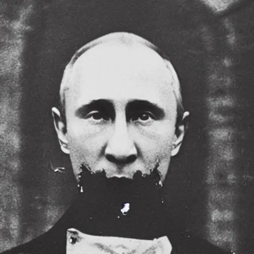 Prompt: Old picture of bloody butcher Vladimir Putin in Insane Asylum Of The 19th Century SCARY LOOKING at camera