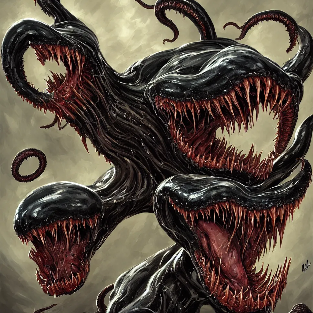 Prompt: venom from marvel comics!!!!, large mouth with teeth, lovecraftian horror!, surrealism, fantasy, intricate, elegant, highly detailed, digital painting, artstation, concept art, matte, sharp focus, illustration, art by keith thompson and christopher lane