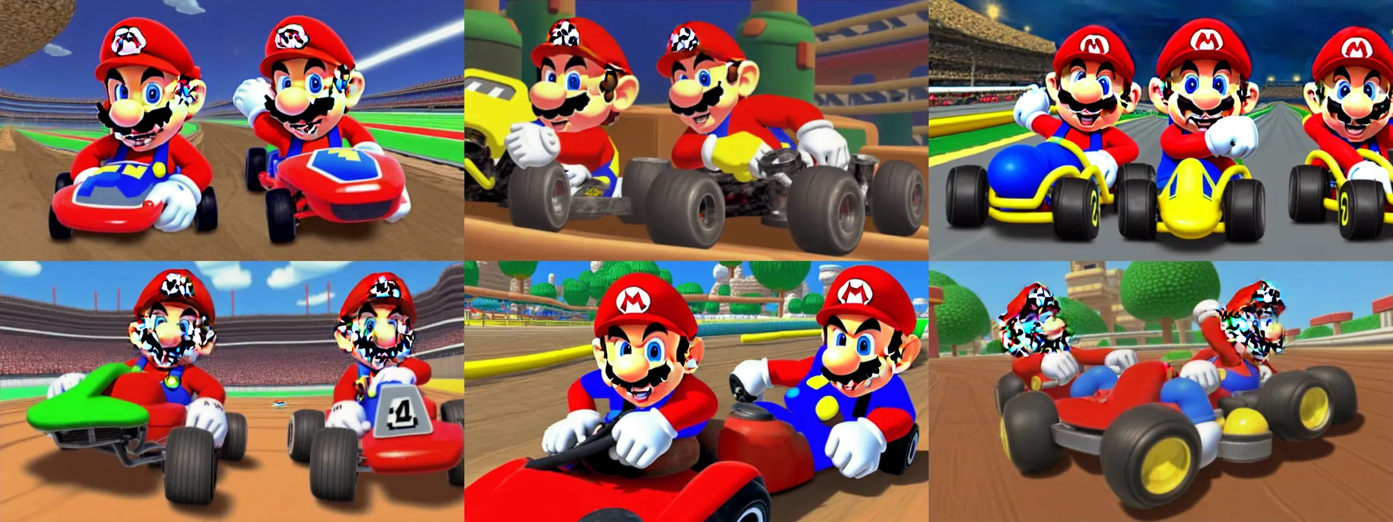 Prompt: John Cena as a character in mario kart double dash, red shell. Dirt track, trumpets in corner of image. Game render