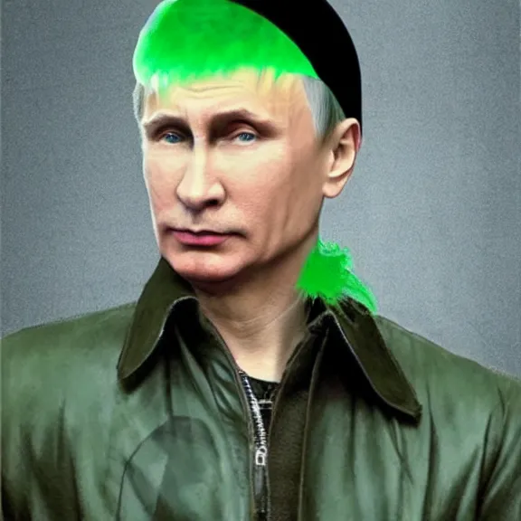 Prompt: punk vladimir putin with green mohawk