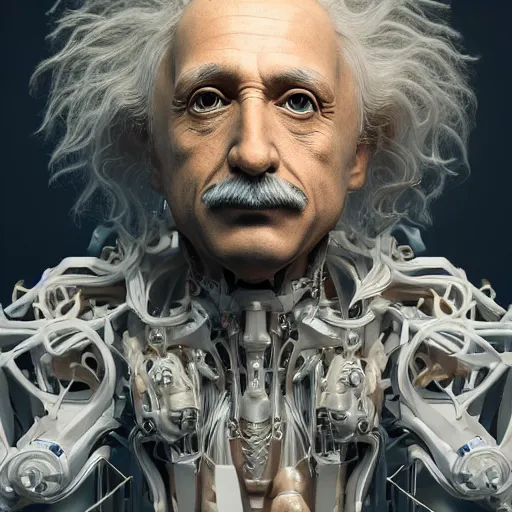 Prompt: masterpiece portrait ethereal biomechanical einstein with incredible technological hair, crystal incrustations, hyper - detailed face, elegant posed, intricate, octane render, cinematic lighting, cgsociety, unreal engine,