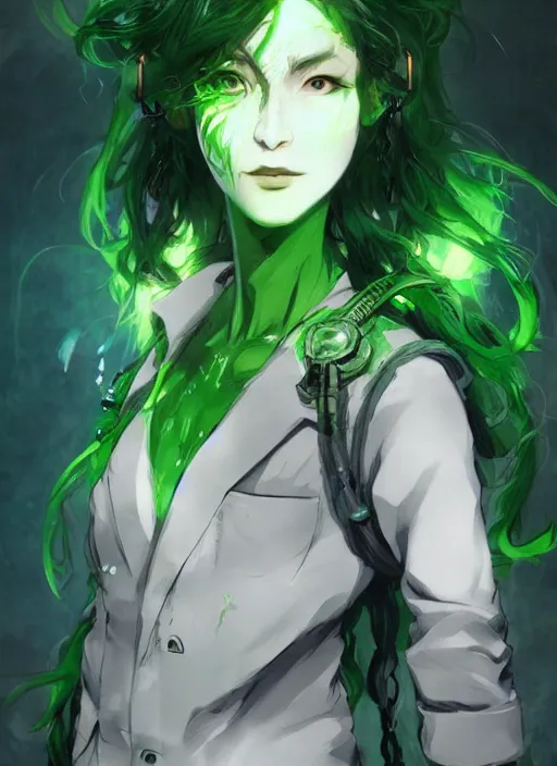 Image similar to Half body portrait of a beautiful dryad scientist with green hair and lab coat. In style of Yoji Shinkawa and Hyung-tae Kim, trending on ArtStation, dark fantasy, great composition, concept art, highly detailed.