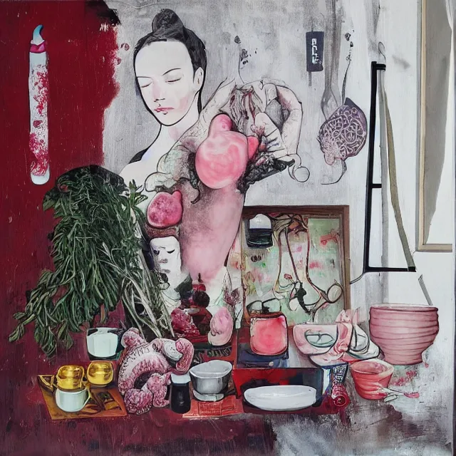 Prompt: “ a portrait in a female art student ’ s apartment, sensual, a pig theme, pork cuts, art supplies, surgical iv bag, octopus, ikebana, herbs, a candle dripping white wax, japanese pottery, squashed berries, berry juice drips, acrylic and spray paint and oilstick on canvas, surrealism, neoexpressionism ”