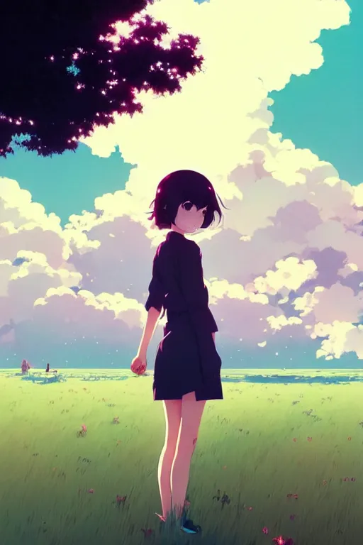 Image similar to cover of a smiling girl by ilya kuvshinov, cloudy sky background lush landscape ln illustration concept art anime key visual trending pixiv by victo ngai fanbox by greg rutkowski makoto shinkai takashi takeuchi studio ghibli