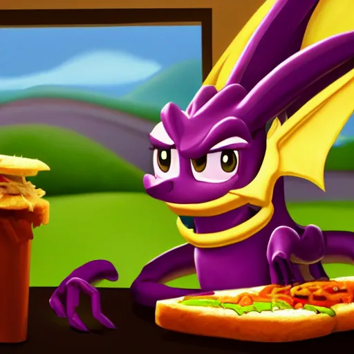 Image similar to spyro the dragon making a subway sandwich, detailed digital art, best of artstation