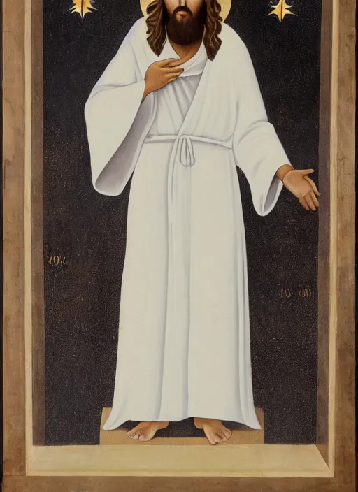 Image similar to « full length portrait of the white - tailed jesus in a white robe and flame in eyes, seven stars in right hand »