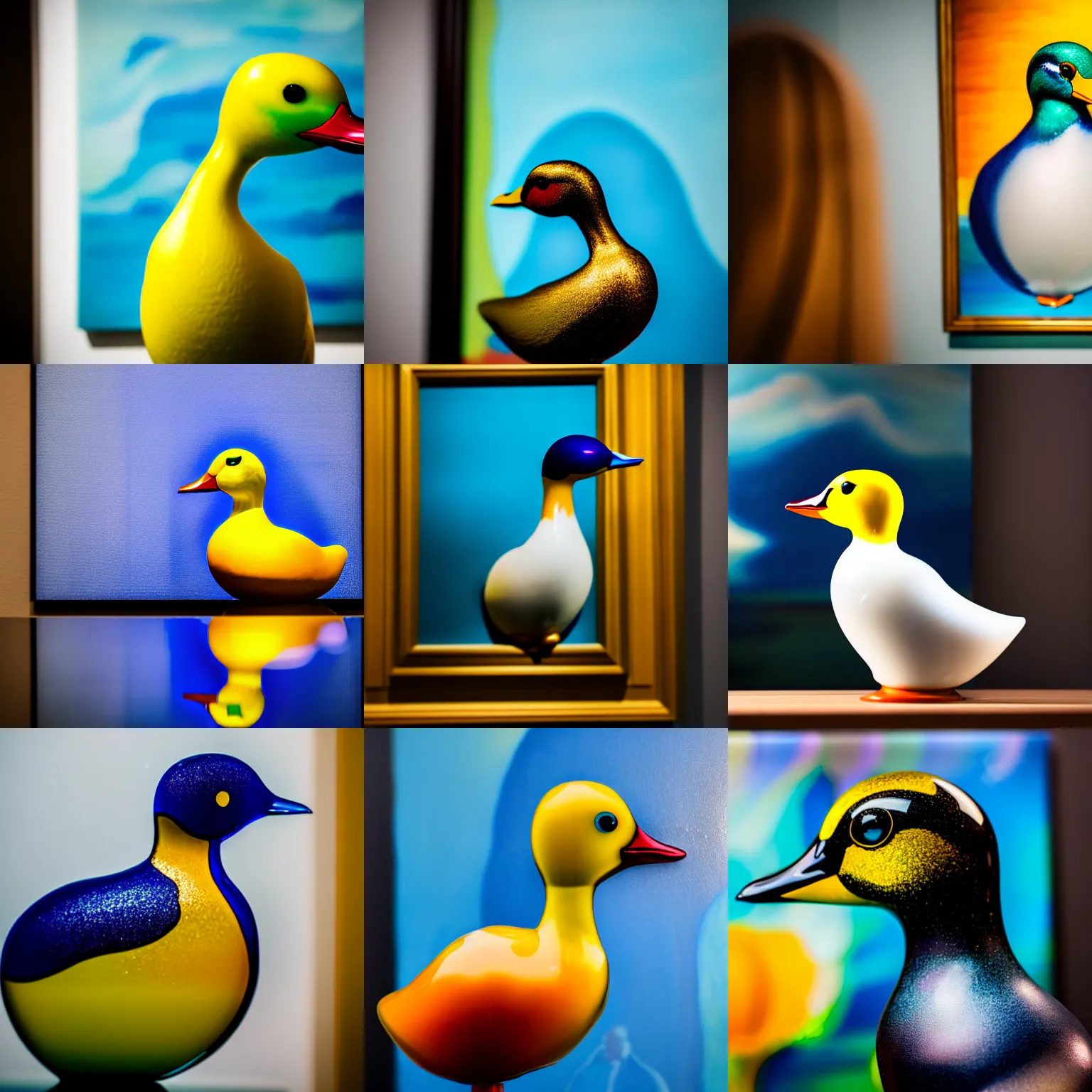 Prompt: a close up photo of a [ glass duck in front of a painting ] [ not opaque ], professional photography, sigma 8 5 mm f / 8