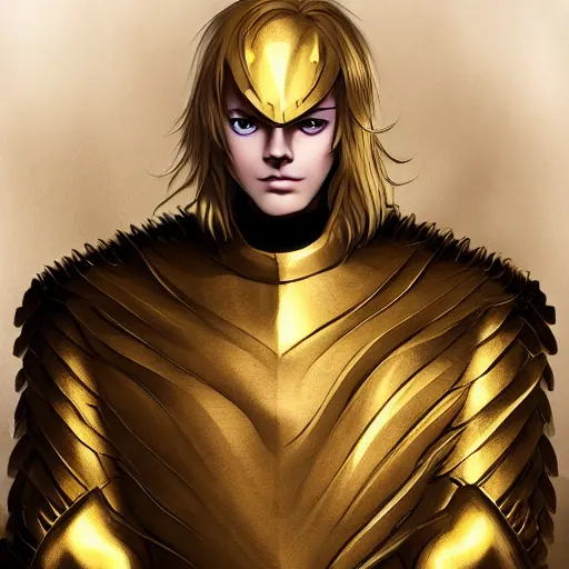 Image similar to a man wearing golden armor, blonde, long hair, pixiv, hyperrealistic