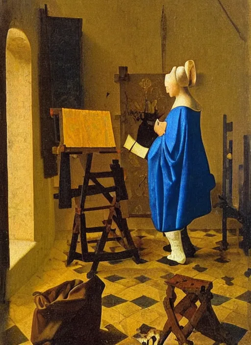 Image similar to paints, brushes, medieval painting by jan van eyck, johannes vermeer, florence