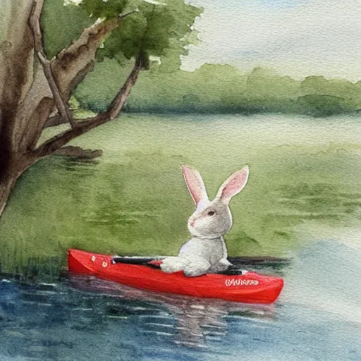 Image similar to a rabbit paddling a kayak on a small stream, watercolour realism