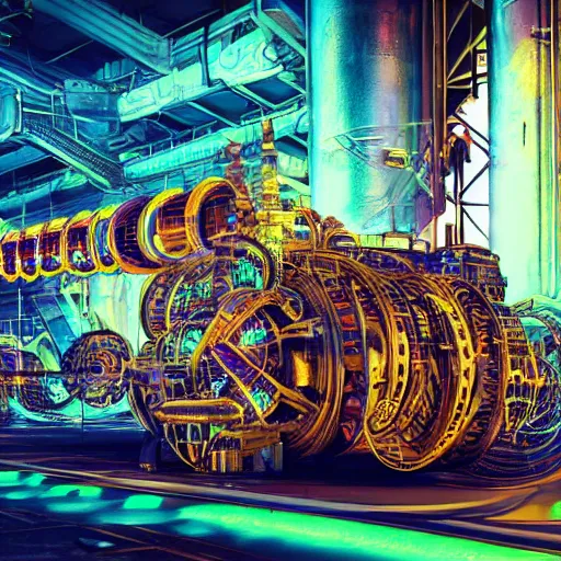 Image similar to album art, tripmachine, album is called tripmachine, photo of a huge futuristic dieselpunk generator inside a steampunk machinery, 8 k, fluorescent colors, halluzinogenic, multicolored, exaggerated detailed, front shot, 3 d render, octane