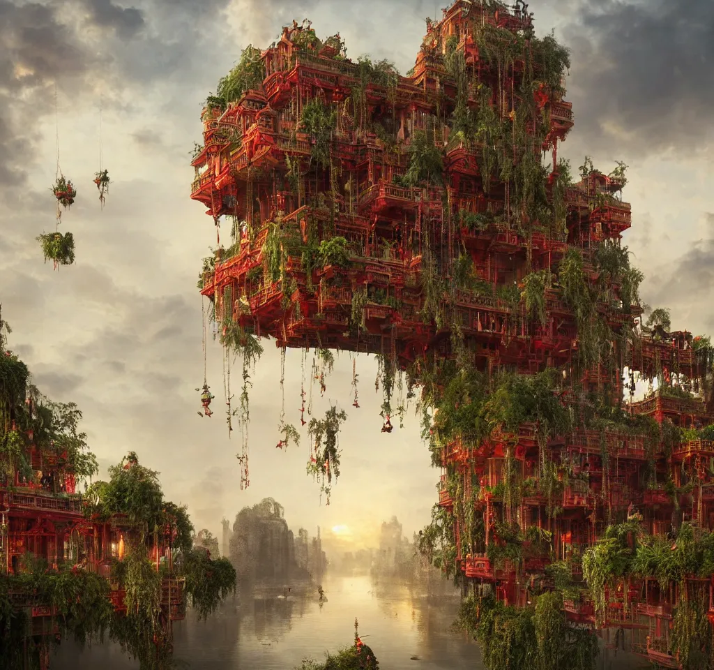 Prompt: 3 d render of the hanging gardens of babylon by greg rutkowski, victorian castle, golden ornaments, red flowers, reflective water, cranes, cg society, hyper detailed, dramatic, epic painting, sunset clouds, 8 k