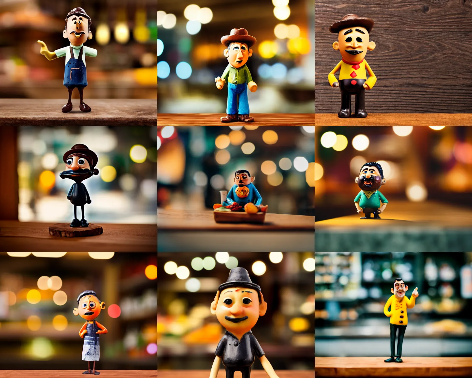 Prompt: salvador deli figurine by pixar sad bokeh on wooden table.