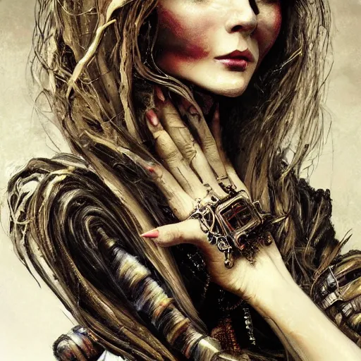 Image similar to portrait, headshot, insanely nice professional hair style, dramatic hair color, digital painting, of a old 17th century, old cyborg merchant, amber jewels, baroque, ornate clothing, scifi, realistic, hyperdetailed, chiaroscuro, concept art, art by Franz Hals and Jon Foster and Ayami Kojima and Amano and Karol Bak,