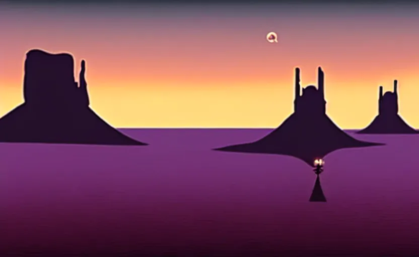 Image similar to a cell - shaded cartoon movie still from howl's moving castle ( 2 0 0 4 ) of a chrome ufo over a flooded monument valley at sunset. very dull muted colors, hd, 4 k, hq