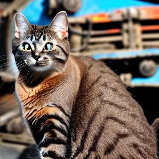 Image similar to a cat with the face of donald rumsfeld in a junk yard, photo, detailed, 4 k