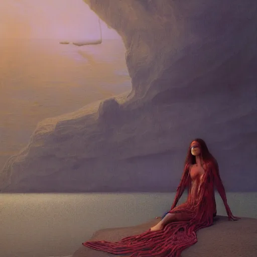 Image similar to portrait, shore of the lake, woman, wrapped around by veins, various clothes, glowing red, by edgar maxence and ross tran, zdzisław beksinski, and michael whelan, distant, gustav dore, h. r. giger, 8 k, octane render