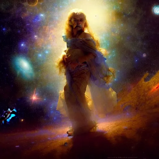 Image similar to a lonley and gloomy baby in middle of space surrounded by colorful stars planets and galaxies, high detail, by gaston bussiere, bayard wu, greg rutkowski, odd nerdrum, maxim verehin, dan dos santos, masterpiece, sharp focus, cinematic lightning