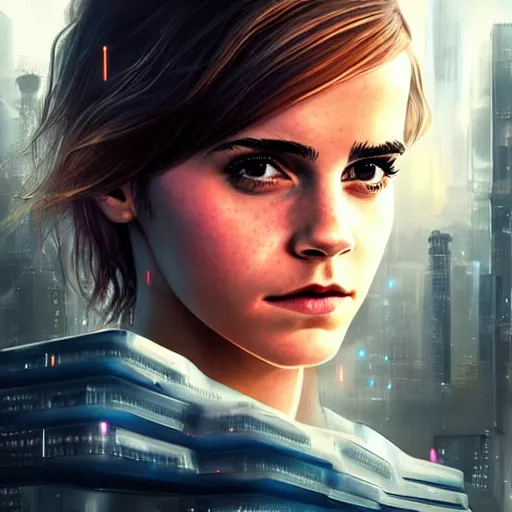 Image similar to Emma Watson, head and shoulders portrait, the background is a huge futuristic city, cyberpunk style futuristic neon lights, artstation cgsociety masterpiece highly-detailed