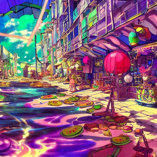 Prompt: anime background of an undersea slums shopping district built from various sea shells and corals, seaweed, light prisms, light diffraction, steampunk, cyberpunk, cool colors, caustics, anime, vhs distortion, inspired by splatoon by nintendo, art created by miyazaki studio ghibli
