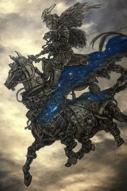 Prompt: a full body shot of an azure knight riding a mechanical steampunk horse across the sky by Kentaro Miura, Wolf themed armour, moonlit, colored by Ronda Pattison, heavy armor, blue flame trail, dark colors, highly detailed, trending on artstation, CGsociety, exquisite detail, post-processing, masterpiece, volumetric lighting, cinematic, hypermaximalistic, high details, cinematic, 8k resolution, beautiful detailed, insanely intricate details