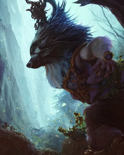 Image similar to Skunk Shapeshifter Druid Mage, D&D, artstation, fantasy, magic the gathering artwork, cinematic lighting, centered, symmetrical, highly detailed, digital painting, , concept art, smooth, sharp focus, illustration, volumetric lighting, epic Composition, 8k, art by Akihiko Yoshida and Greg Rutkowski and Craig Mullins, oil painting, cgsociety