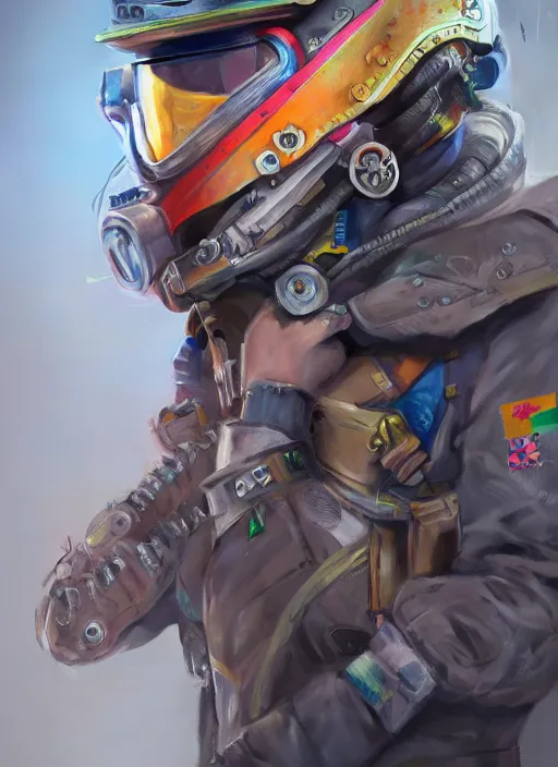 Image similar to detailed full body concept art illustration colorful oil painting of a female pilot in full intricate clothing, ultra detailed, digital art, octane render, 4K, dystopian, micro details, hyper realistic