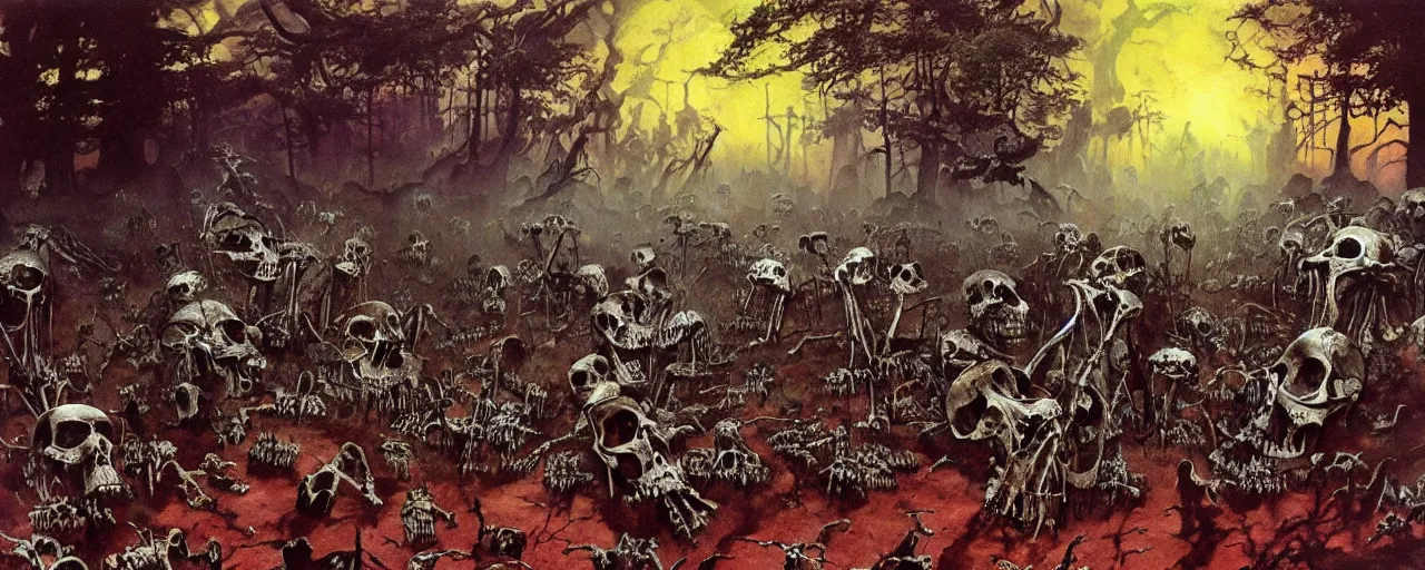 Prompt: frazetta painting of forest of souls filled with skeletons on the ground, nighttime ,daytime , backlight , detailed visible brushmarks