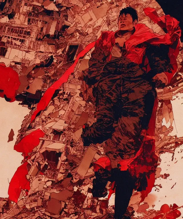 Prompt: katsuhiro otomo, a wide angle movie still of destroyed city, a close up of very angry tetsuo with red cape from akira, vibrant colors and hard shadows and strong rim light, comic cover art, plain background, trending on artstation, in the style of katsuhiro otomo greg rutkowski alphonse mucha