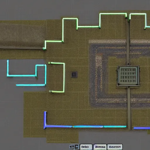 Image similar to cs : go minimap, layout of map, 2 character spawn locations on opposite sides of map, 2 objective sites, items fir characters to hide behind on objective sites, walkways that connect spawns and objective sites, overhead view of map, wireframe design of map