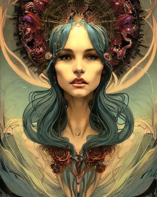 Image similar to centered portrait of a angry rotten beautiful female growing ornamentation all around, ornate, ornaments, detailed, symmetrical, end of the world, elegant, beautifully soft lit, by wayne barlowe, peter mohrbacher, kelly mckernan, alphonse mucha