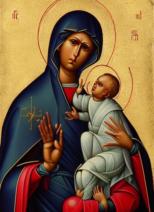 Prompt: realistic detailed 8k photo of futuristic holy cyborg-mother holding a newborn baby child in hands by Raphael Santi, orthodox icon Neo-Gothic, gothic, rich deep colors. masterpiece