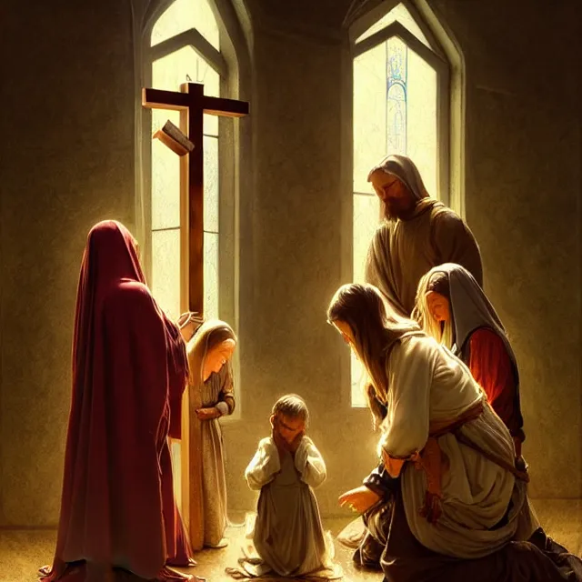 Image similar to poor hungry family praying to a cross, emotional sad painting, very poor, cross, christianity, medieval peasants, fantasy, cruel, dramatic lighting, intricate, wild, highly detailed, digital painting, artstation, concept art, smooth, sharp focus, illustration, art by artgerm and greg rutkowski and alphonse mucha