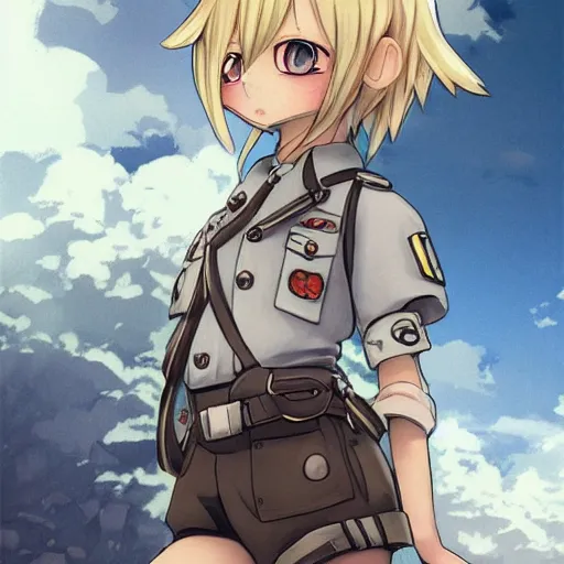 Prompt: beautiful little blonde boy in thigh nazi uniform. made in abyss art style, inspired by kris from deltarrune, cute detailed artwork, anatomically correct, soft details, ilya kuvshinov, reflection, perfect composition, portrait, illumination, digital art, detailed anime soft face, symmetrical face, western comic, illustration, realistic, nazism