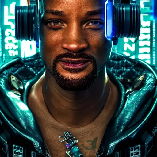 Image similar to epic portrait of cyberpunk Will Smith, Epic Background, highly detailed, sharp focus, cyberpunk style, cyborg, futuristic, 8k, 35mm, cinematic lighting