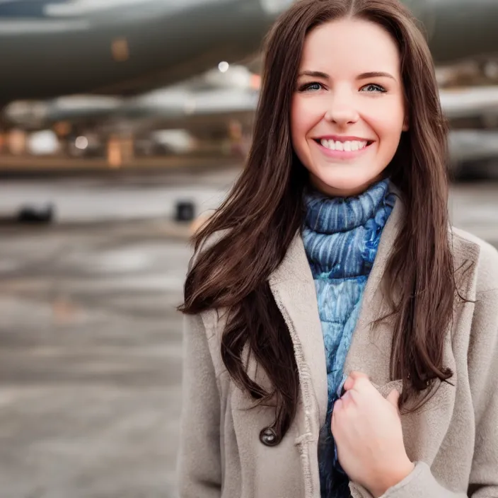 Prompt: a beautiful girl from minnesota, brunette, joyfully smiling at the camera opening her brown eyes. thinner face, irish genes, dark chocolate hair colour, wearing university of minneapolis coat, perfect nose, morning hour, plane light, portrait, minneapolis as background. healthy, athletic, in her early 2 8 s