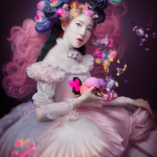 Image similar to 8 k, octane render, realism, tonalism, renaissance, rococo, baroque, portrait of a young - lady wearing long - harajuku manga - dress with flowers and skulls, cotton candy!! ( background chaotic cotton candy flowers )