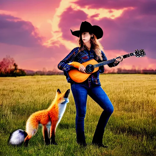 Prompt: a female fluffy fox animal, wearing cowboy hat, wearing plaid shirt, playing guitar, in a field, barn in background, album cover style